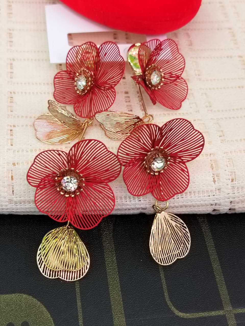 Red Floral Layered Dangle Earrings