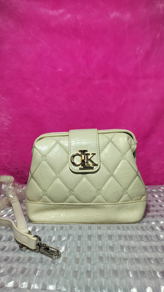 Korean Style Luxury Handbag | Cream Quilted Design with Gold CK Logo