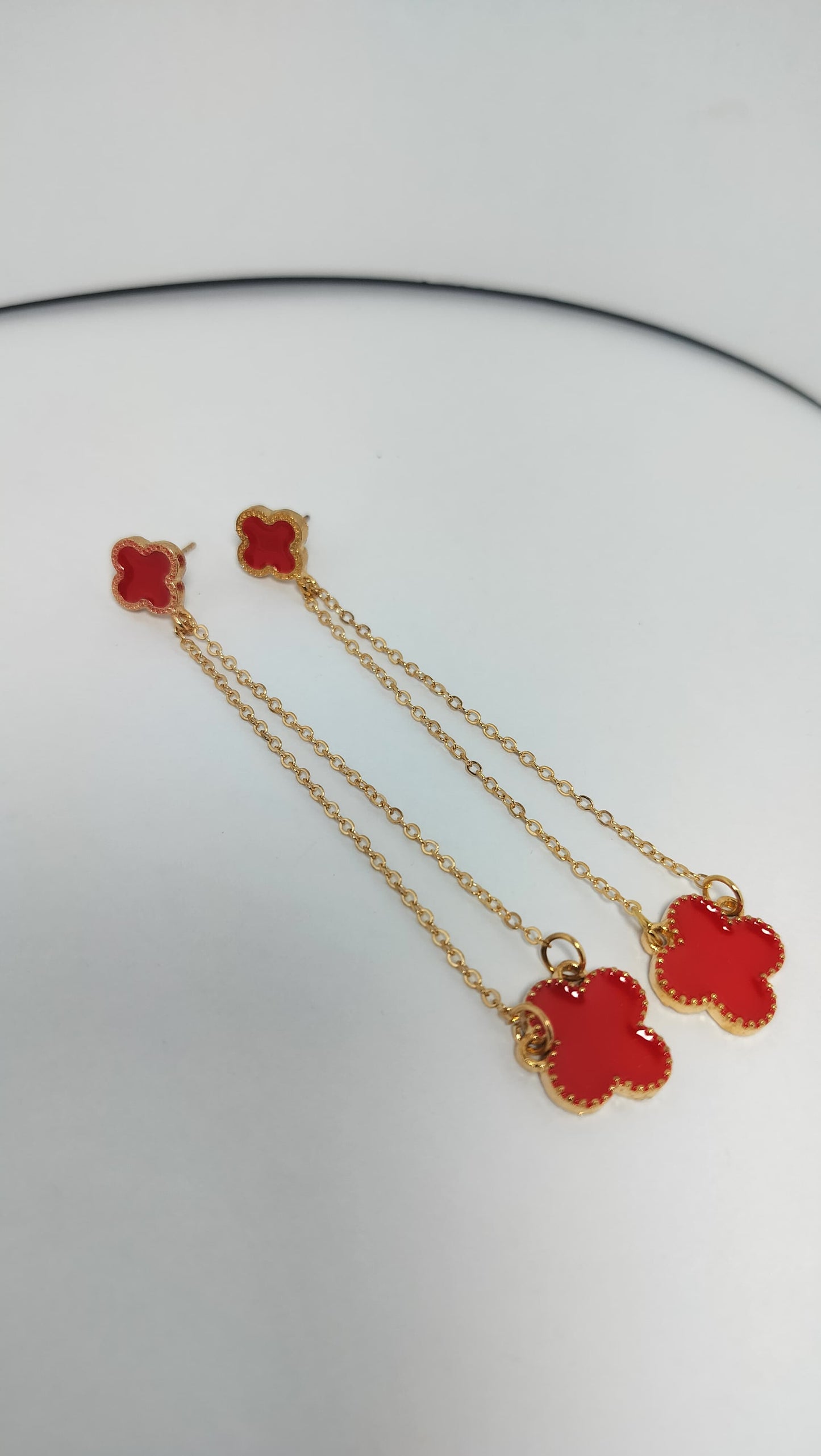 Korean Design Red Clover Dangle Earrings