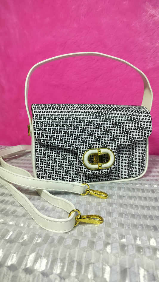 Premium White Printed Sling Bag | Elegant Gold Lock Design for Women