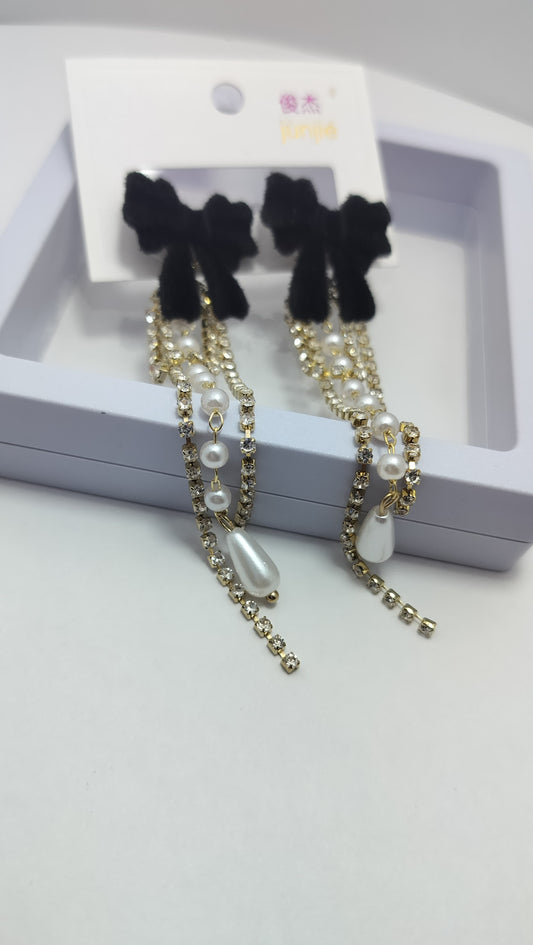 Elegant Black Bow Pearl Drop Earrings
