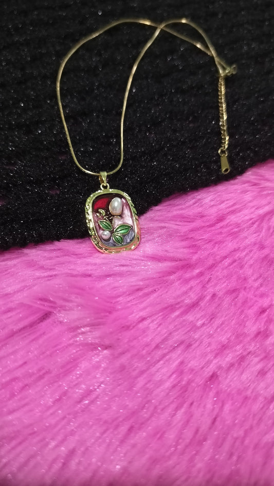 Korean Enamel Pearl Pendant Necklace