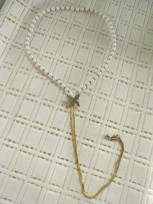 Pearl Butterfly Gold Drop Necklace