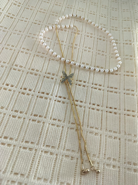 Pearl Butterfly Gold Drop Necklace