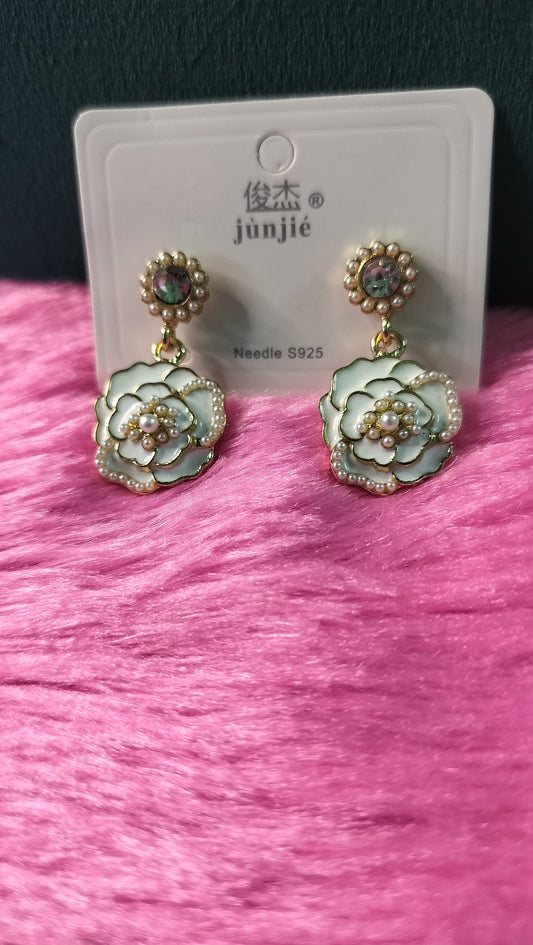 Korean Pearl Flower Drop Earrings