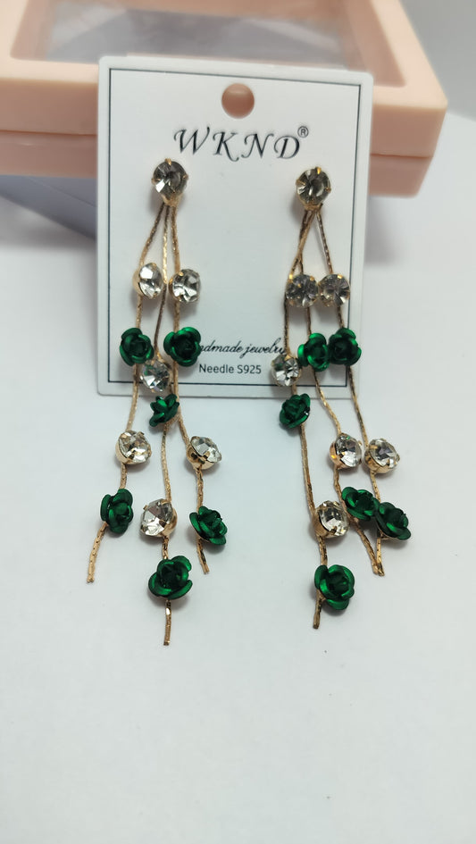 Green Floral Crystal Drop Earrings