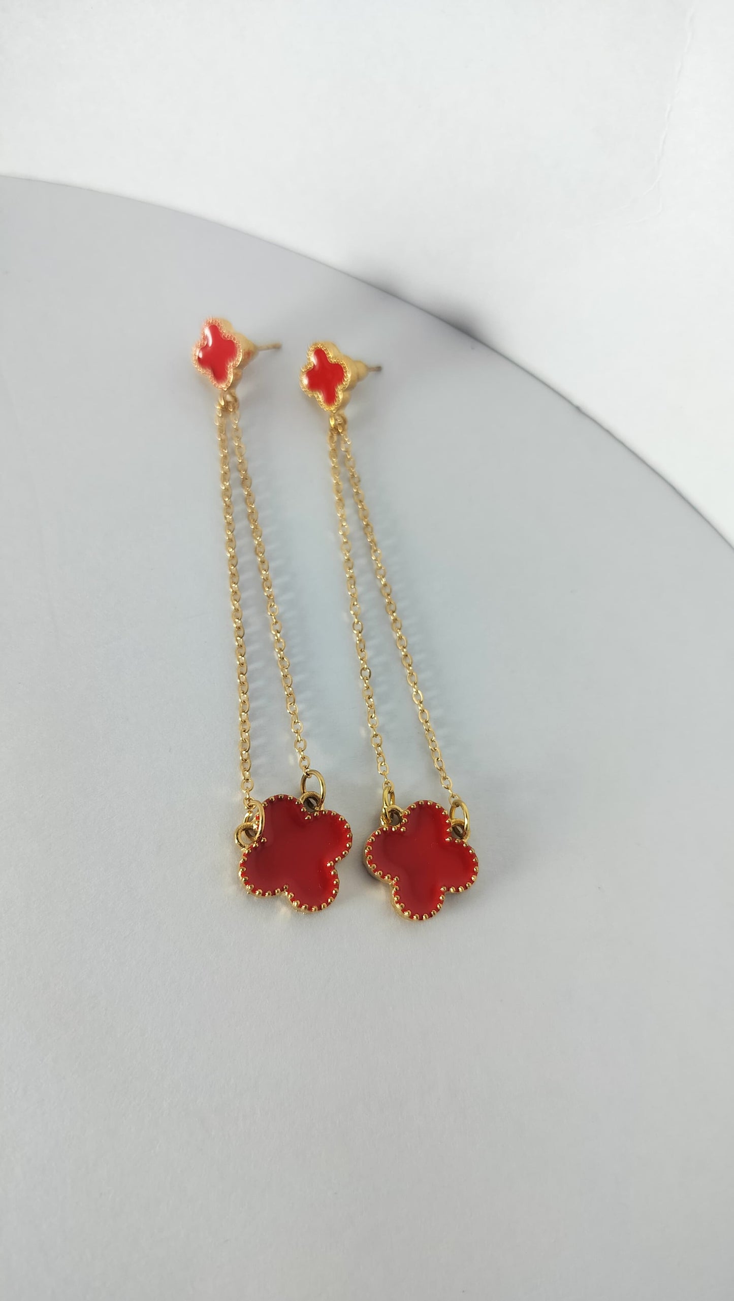 Korean Design Red Clover Dangle Earrings