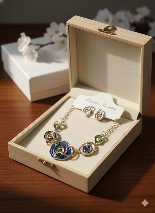 Multicolor Enamel Spiral Necklace & Earring Set | Anti-Tarnish