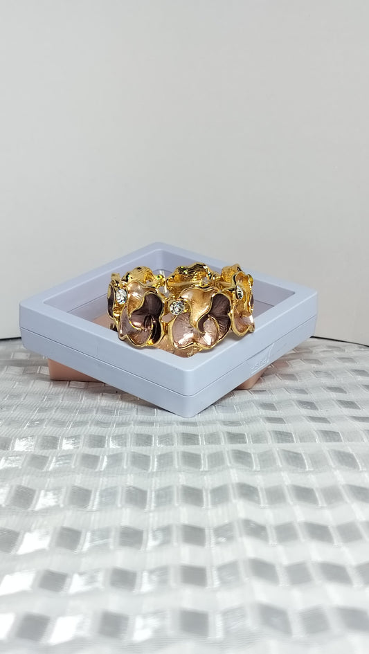 Premium Gold-Plated Brass Bracelet with Rose-Toned Floral Design & Crystal Accents | Anti-Tarnish Finish | Elegant Statement Jewelry