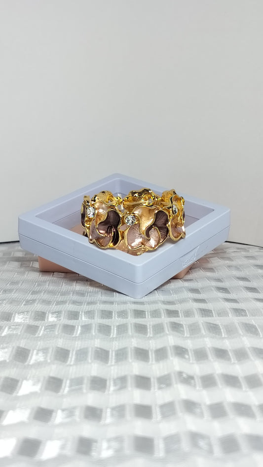 Premium Gold-Plated Brass Bracelet with Rose-Toned Floral Design & Crystal Accents | Anti-Tarnish Finish | Elegant Statement Jewelry