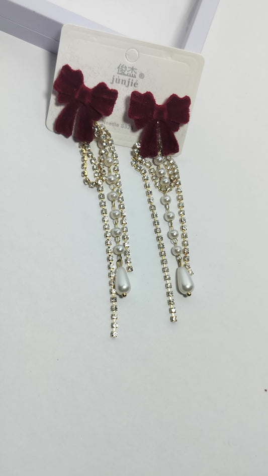 Elegant Maroon Bow Pearl Drop Earrings