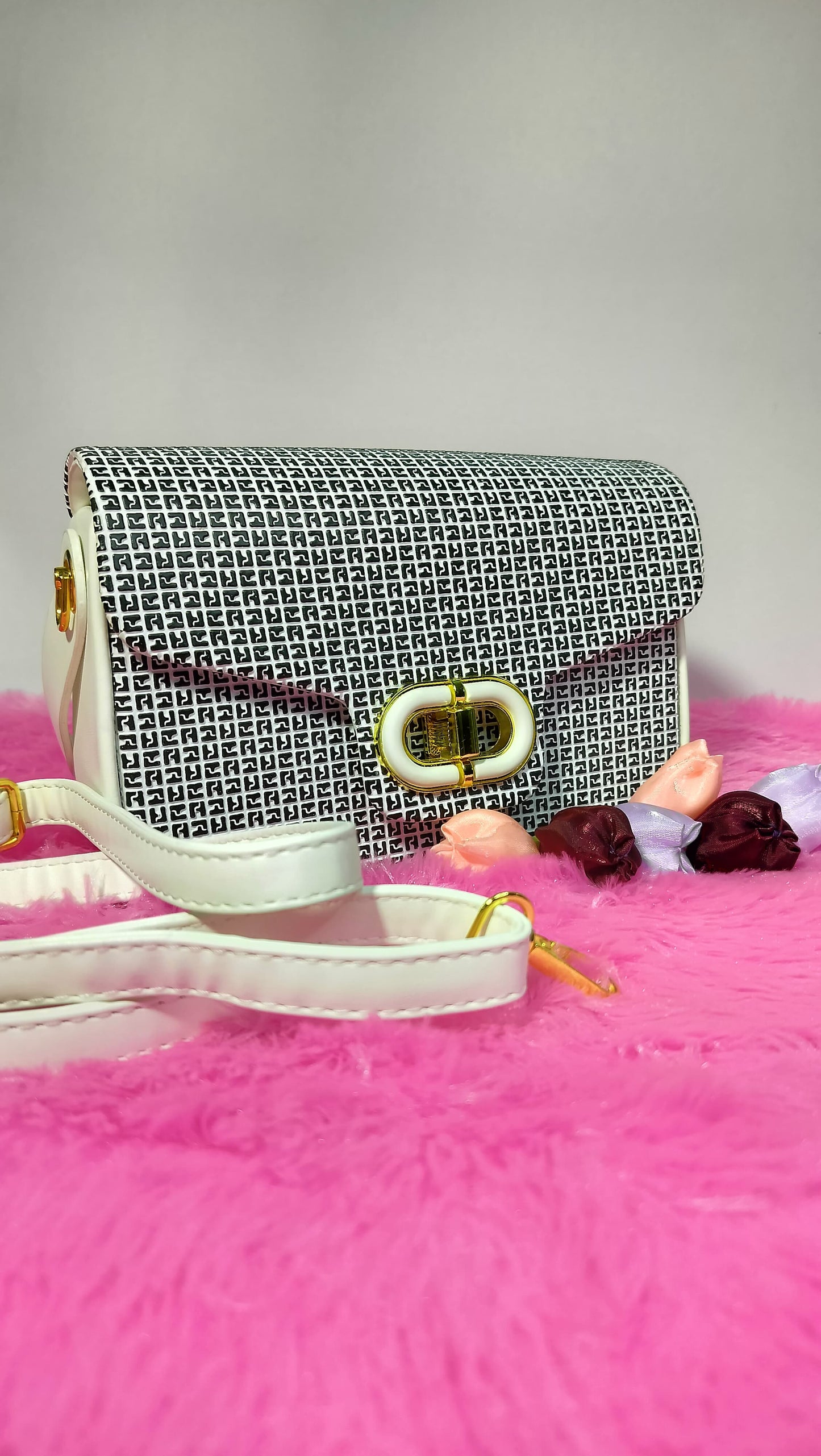 Premium White Printed Sling Bag | Elegant Gold Lock Design for Women