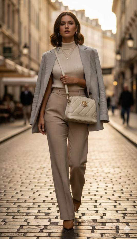 Korean Style Luxury Handbag | Cream Quilted Design with Gold CK Logo