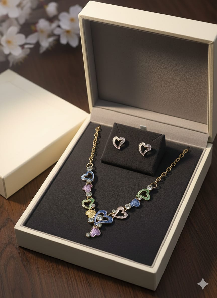 Multicolor Heart Necklace & Earring Set | Anti-Tarnish