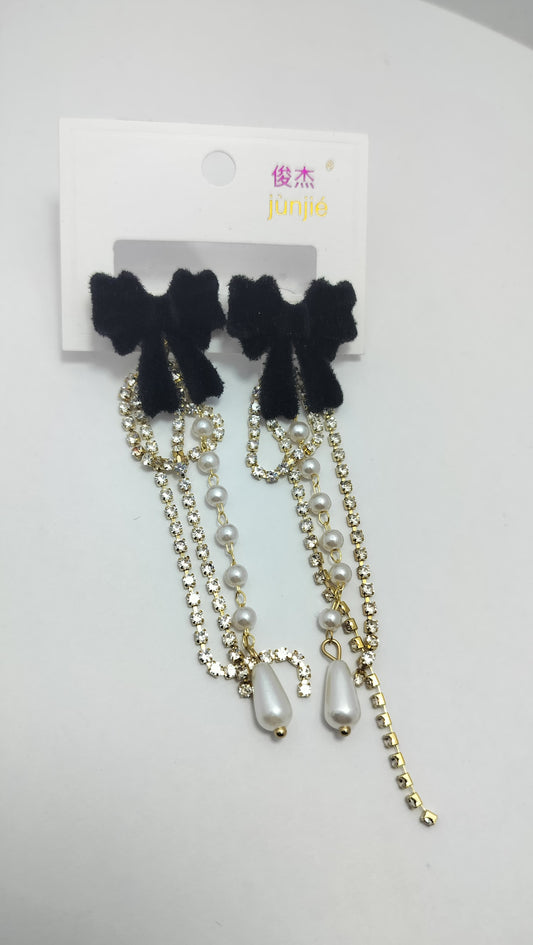 Elegant Black Bow Pearl Drop Earrings