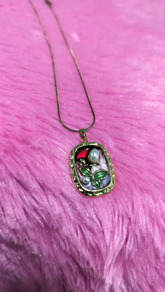 Korean Enamel Pearl Pendant Necklace