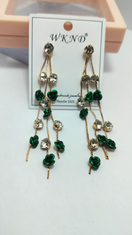Green Floral Crystal Drop Earrings