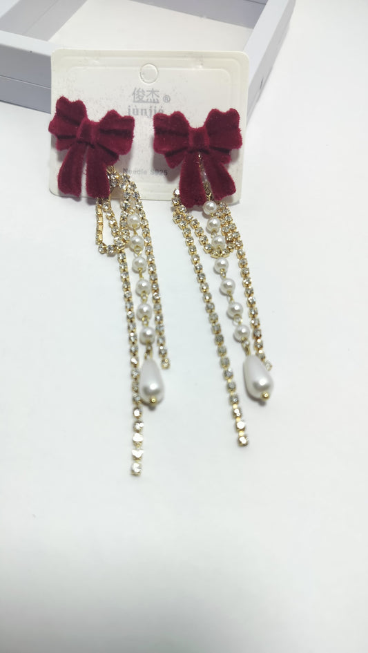 Elegant Maroon Bow Pearl Drop Earrings